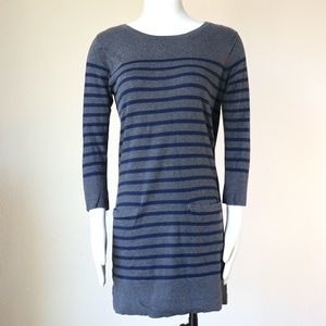 Grey/navy striped cotton sweater dress 3/4 sleeve